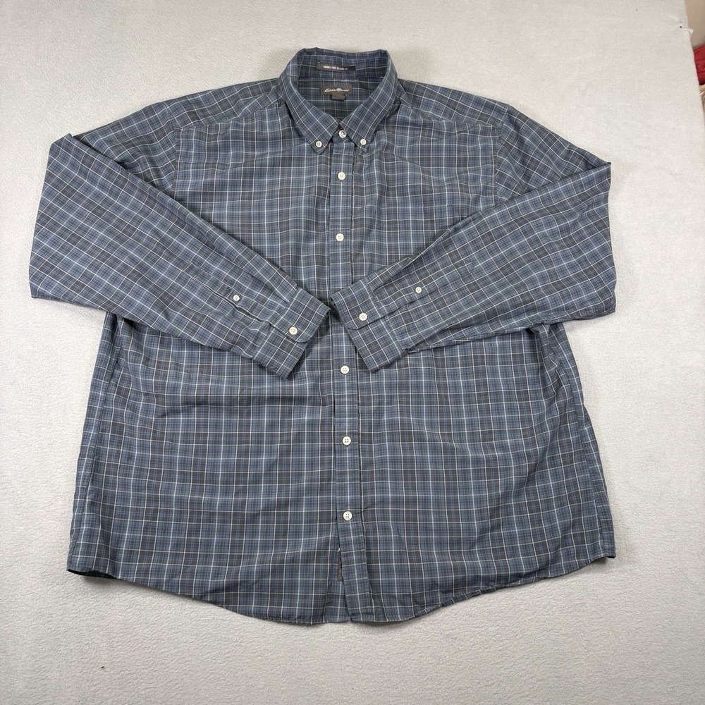 Eddie Bauer Mens 2XL Button Down Shirt Blue Plaid Wrinkle Free Relaxed Fit - Picture 1 of 7